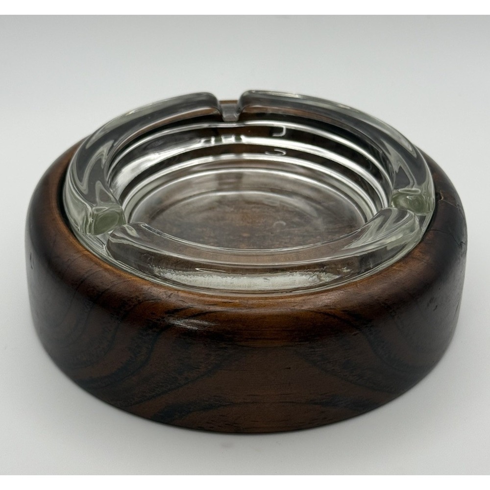 Vintage Mid Century Modern Wood & Heavy Glass Ashtray Set MCM Teak Walnut Base